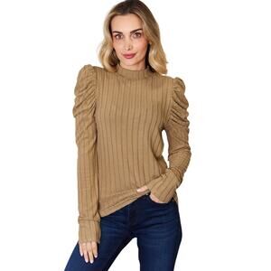 BASIC BAE Tan Ribbed Mock Turtleneck Puff Sleeve Stretchy Top NEW Misses
